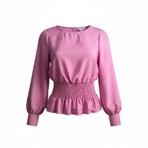 Topshop pink smocked waist blouse, LS peplum top, feminine cottagecore romantic